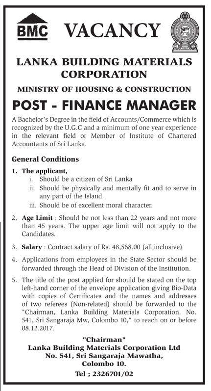 Finance Manager - Lanka Building Materials Corporation